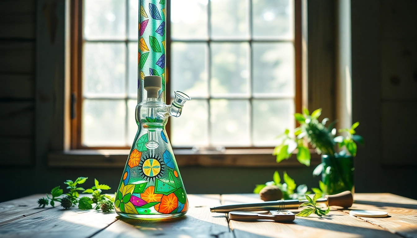 Explore a stylish bong with intricate designs on a rustic table, showcasing vibrant colors and herbal props.